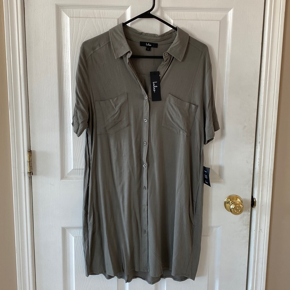 Lulus Short Sleeved Dark Army Green Shirt Dress size L